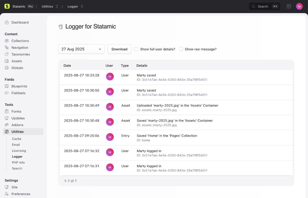 A preview at Logger for Statamic in Statamic 6