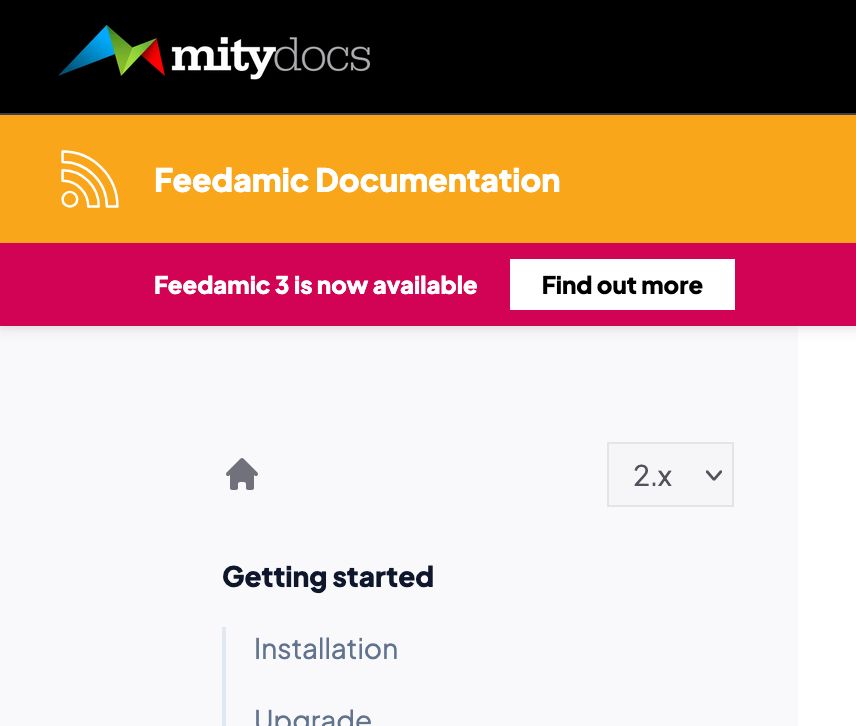 The new Feedamic docs, with a clear action for Feedamic 3, and option to change versions.