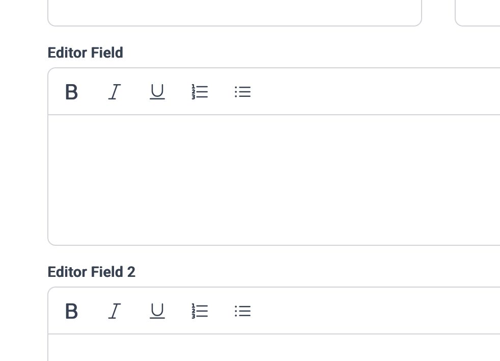 Screenshot of a pair of AlpineJS-based TipTap rich text editors running on a Statamic front end form.