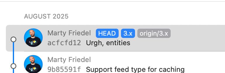A git commit with the subject of "Urgh, entities"