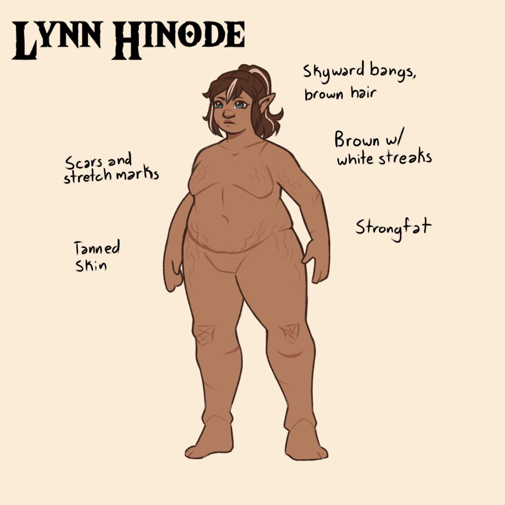 Lynn Hinode

Skyward bangs, brown hair
Brown with white streaks
Scars and stretch marks
Tanned skin
Strongfat