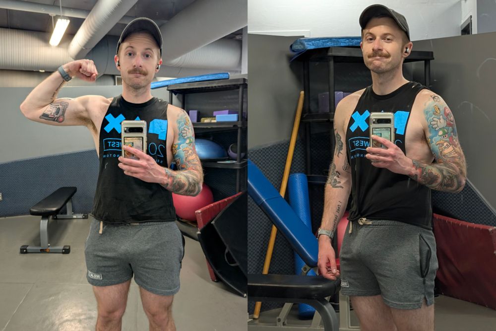 Stitched image. The one on the left is a man flexing their bicep in a gym mirror. The one on the right is the same man smirking into the camera while taking a picture in the same gym mirror. 