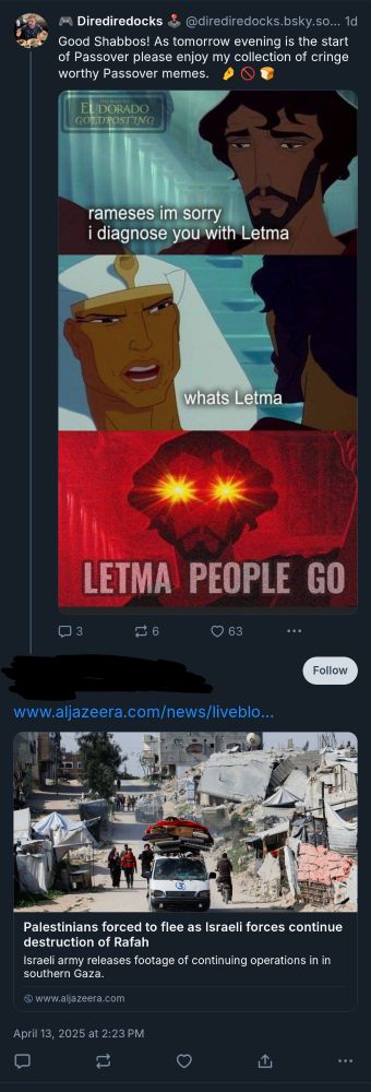 A screenshot of a comment made on a previous Passover meme post consisting only of an article about the Palestinian/Israeli conflict. 