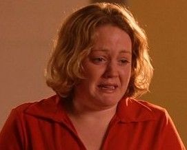 A distressed appearing blonde woman wearing a red top. This is a screen grab of the cake-making speech in the motion picture film 'Mean Girls'.