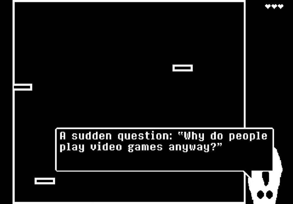 A screenshot from the video game 'Press Any Button' with the text reading: "A sudden question: "Why do people play video games anyway?"