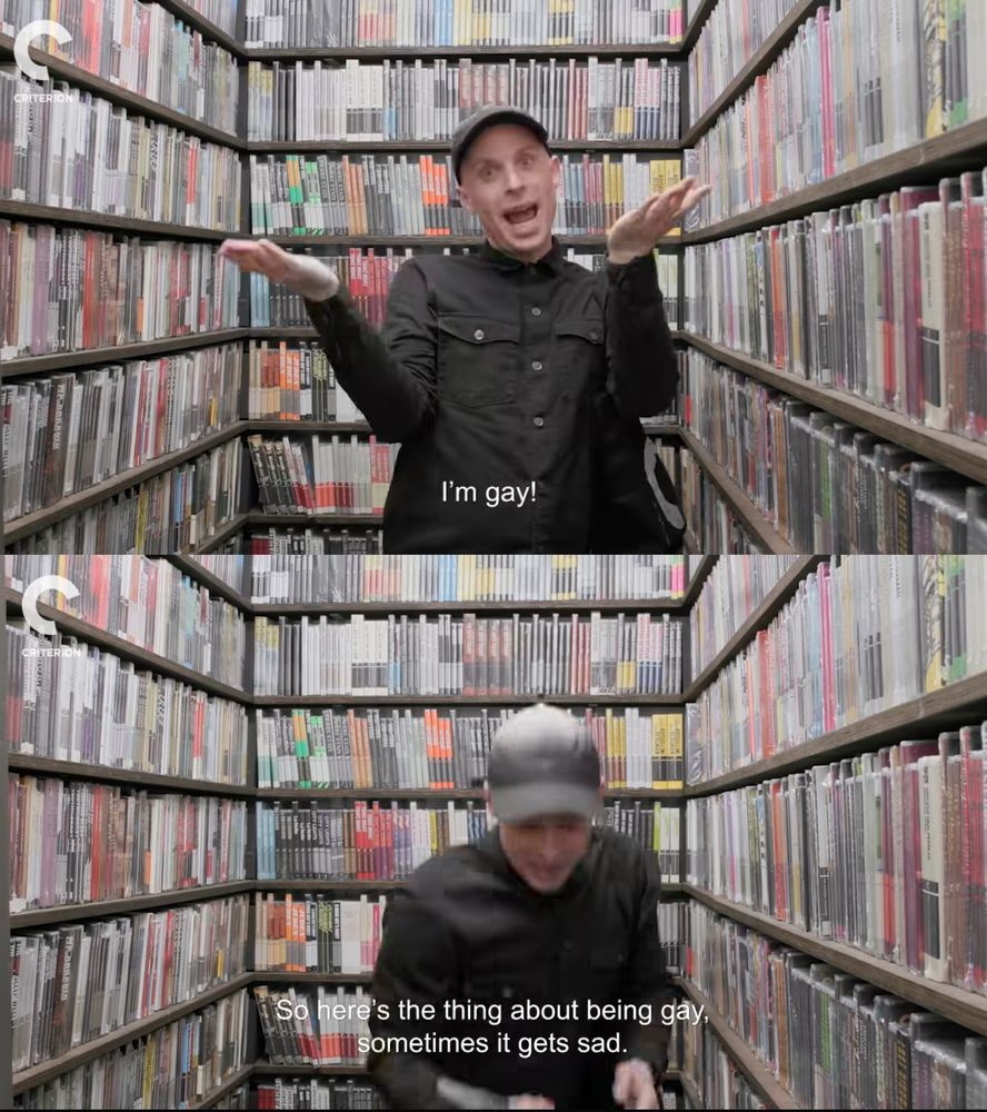 Screen grabs of Katya visiting the Criterion Collection HQ. They're standing in a closet with physical media surrounding them in bookshelves. 