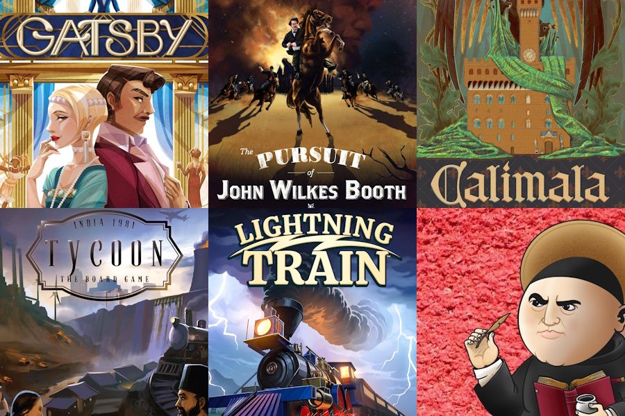 board games: Gatsby, The Pursuit of John Wilkes Booth, Calimala, Tycoon: India 1981, Lightning Train