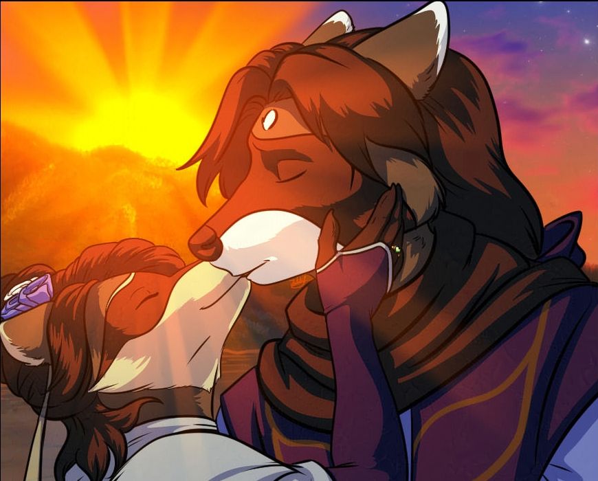 A just-married kissing couple consisting of Niixa, a short Xarax-hil (anthro raccoonish) woman and Endy, a tall man from Raekarta who took on Xarax-hil form for the marriage.