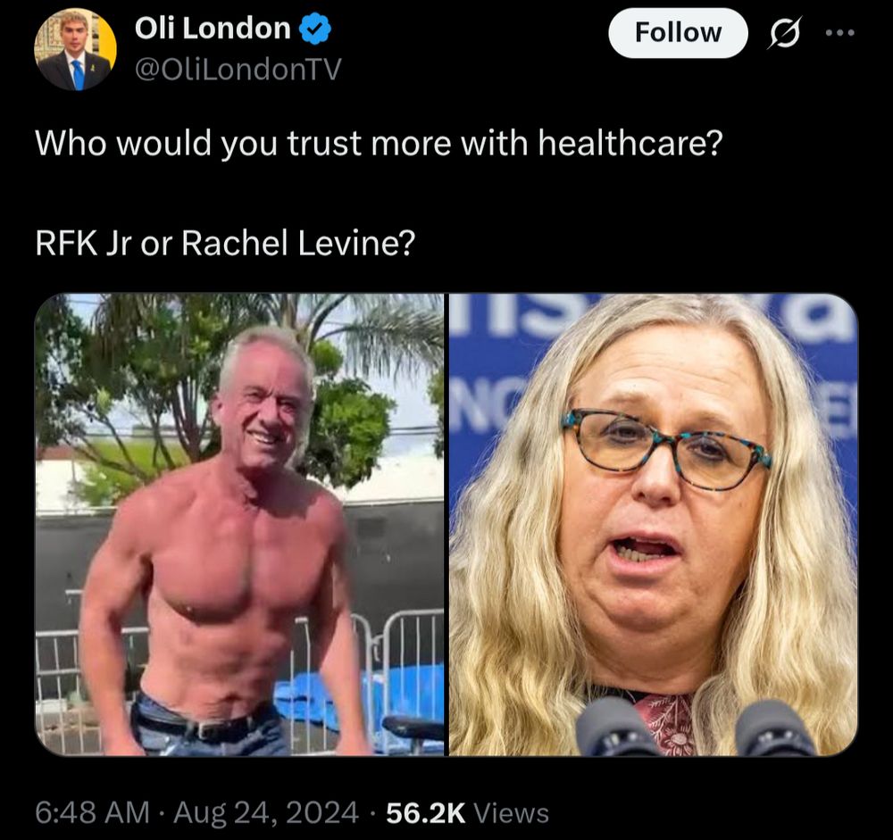 Oli London claiming a 'roided out sunburnt nut who eats roadkill with no professional medical training knows more about healthcare than a trans professor of pediatrics and psychiatry on the basis that he thinks the former is in better shape than the latter.