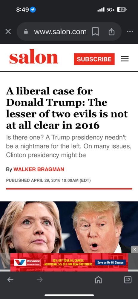 A screenshot of the ‘ article written by Walker Bragman called “a liberal case for Donald Trump: the lesser of two evils is not at all clear in 2016