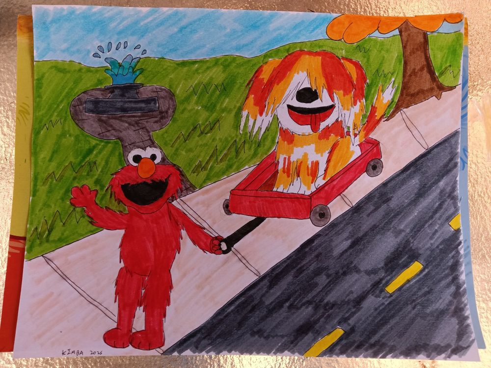 A marker-colored drawing of Elmo pulling a wagon on a sidewalk with Barkley in it
