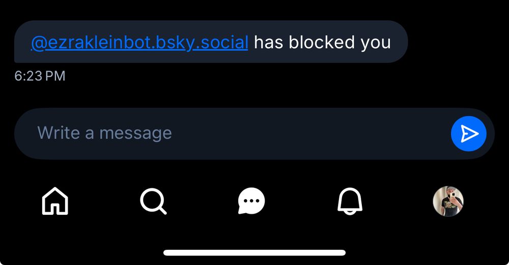Screenshot of a notification informing me that Ezra Klein’s bot on Bluesky has blocked me because he’s a vapid little bitch 