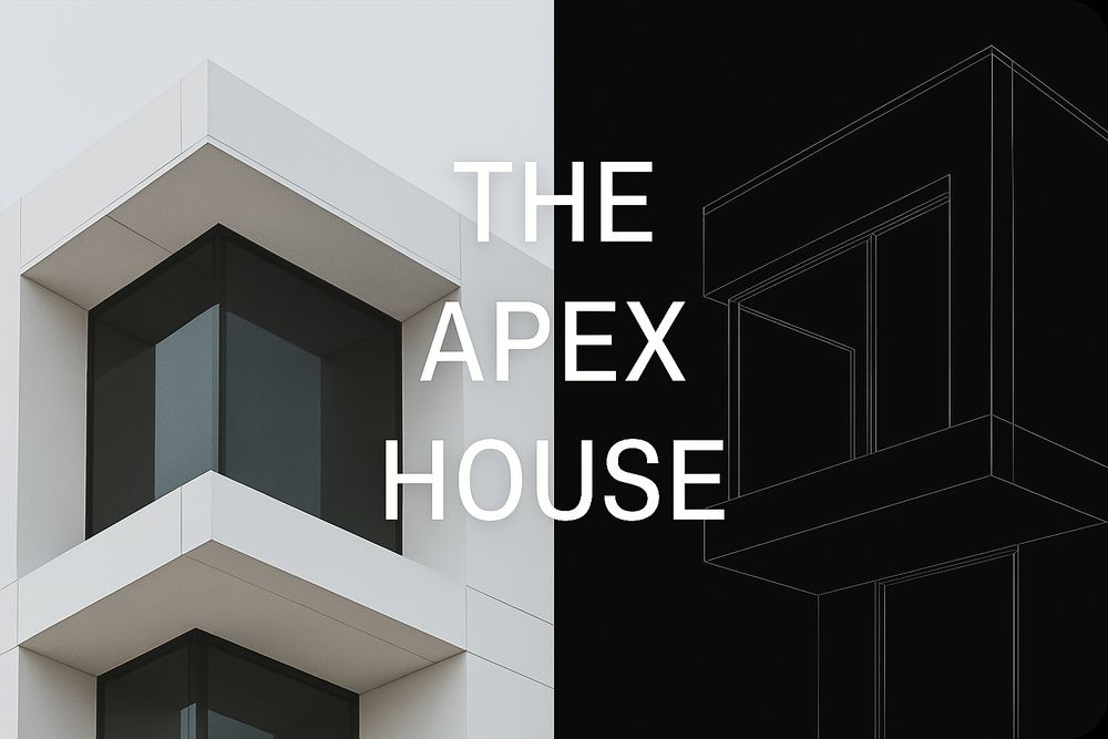 Split-screen thumbnail featuring a modern architectural residence on the left and its wireframe blueprint on the right.