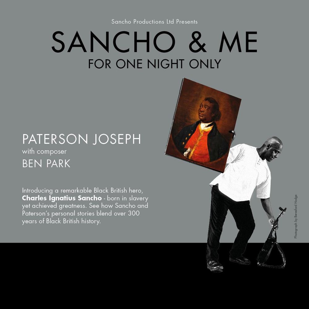 Poster image of Paterson Joseph holding the Ignatius Sancho portrait by Thomas Gainsborough. Paterson is laying down his ukelele in one hand and holding aloft the portrait in the other. He is very handsome. 