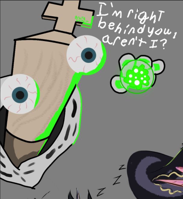 Kinger from the amazing digital circus saying, Im right behind you, arent I. Holding an energy ball towards the viewer