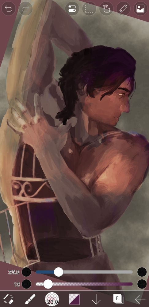 A digital sketch of a man with dark hair and a bird cage torso.