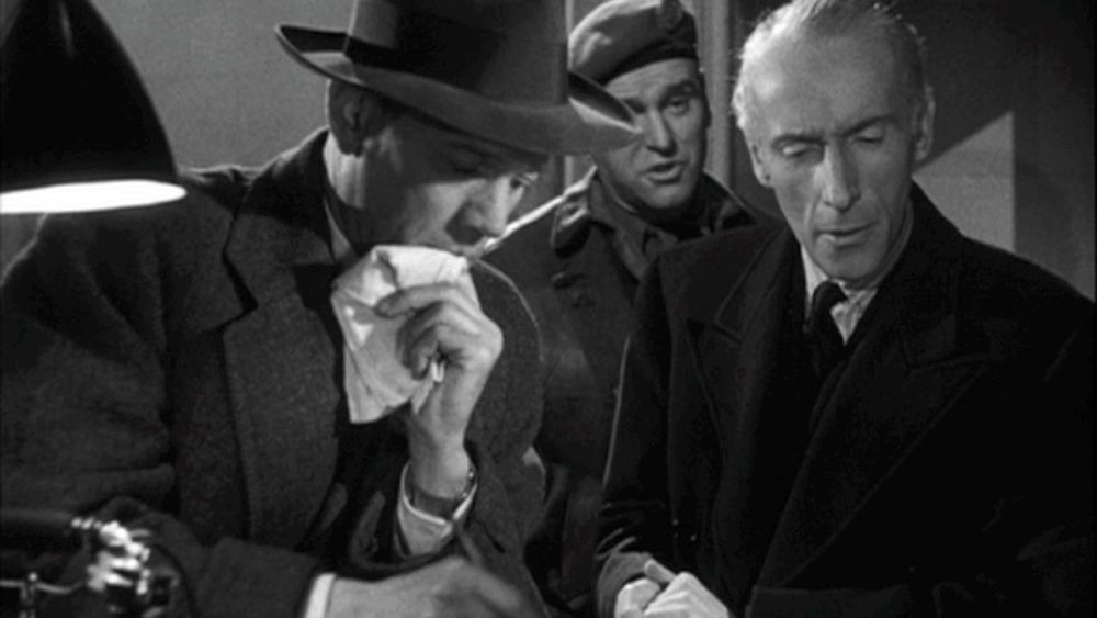 Joseph Cotten, Bernard Lee and Wilfrid Hyde-White in a scene from the 1949 film The Third Man.