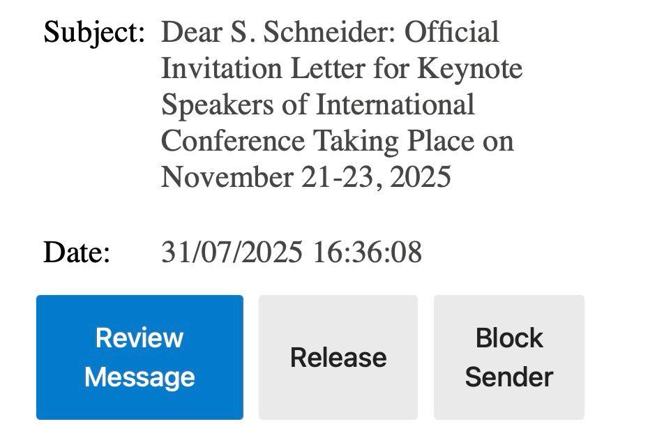 A spam email inviting me to give a keynote at a conference.