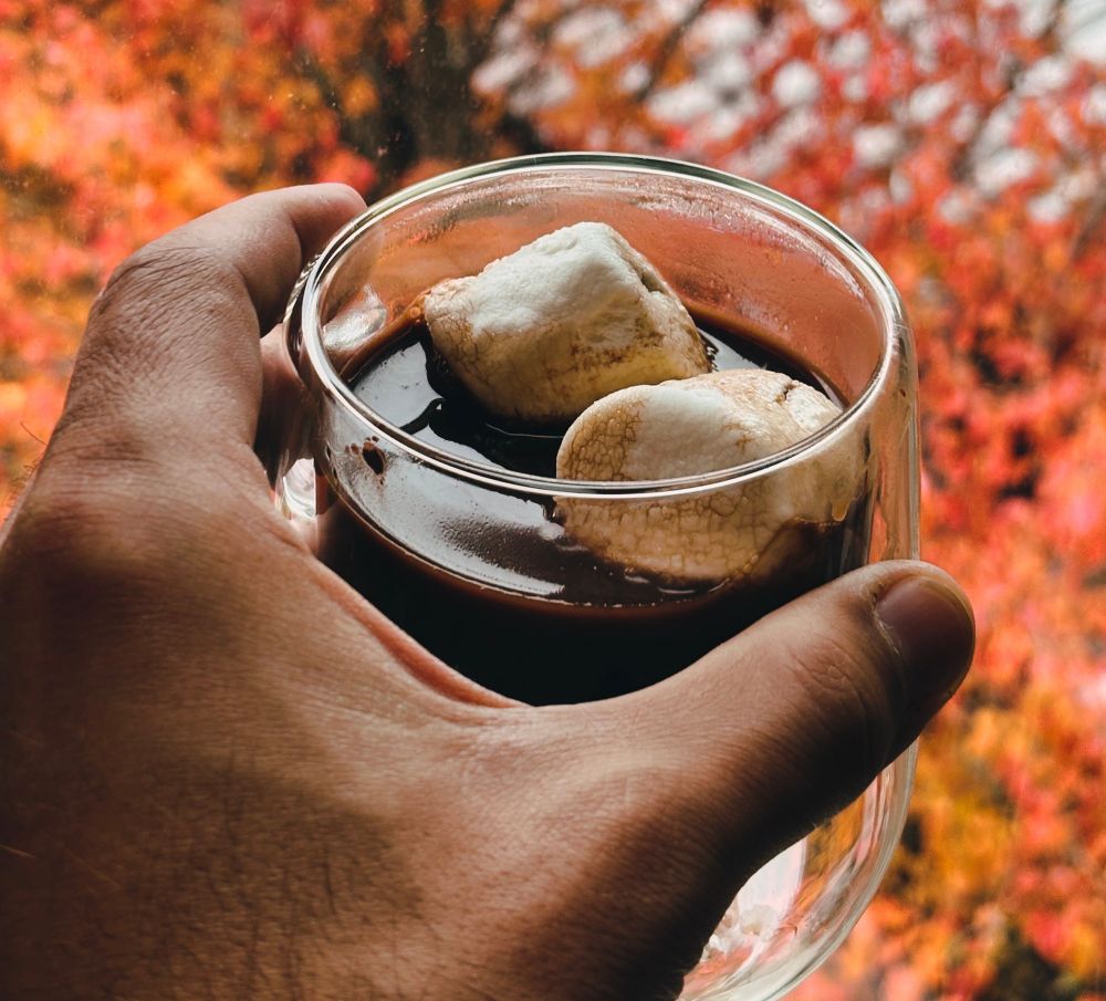 Leaves and snow behind the coffee hot chocolate 
