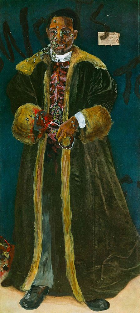 Image of the piece "Candyman of Denmark"  which is a print of the portrait "Christina of Denmark" by  Hans Holbein the Younger. The original figure of Christina, wearing a heavy black cloak with brown fur trim is largely painted over, completely covering the hands and face to turn it into Candyman from the 1990 film, complete with bloody hook hand, visible rib cage with an swarm of bees in the abdomen