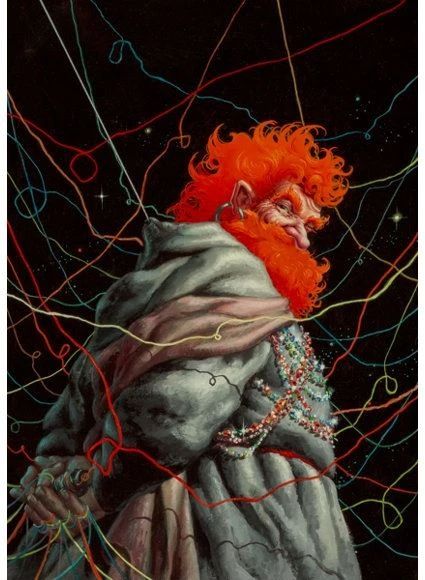 Painting by Frank Kelly Freas of a man with fiery red hair and beard, a large earring, and glittering necklaces and flowing robes.