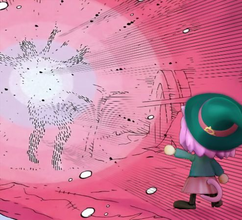 Neco arc edited to be a pink haired witch catgirl. She has been superimposed onto the comic panel of Dr. Manhattan blowing up Rorschach.