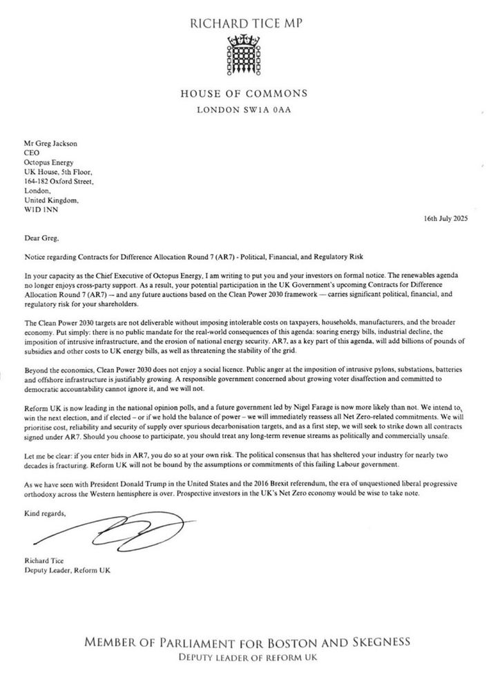 Letter from Reform’s Richard Tice to Octopus Energy Chief Executive Greg Jackson which warns him about bidding for AR7 and threatens to cancel contracts for difference support for renewable energy.