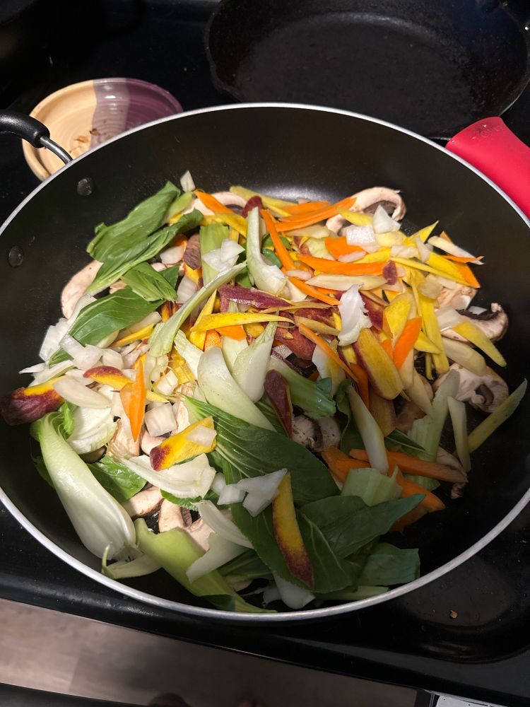 The beginnings of a stir fry for homemade egg noodles. 