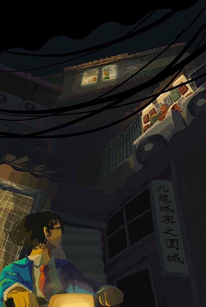 Illustration: low angle shot of Shin looking up to see Chan Lokwan running upstairs, Tornado and his hairdressing client visible from the highest building's window.