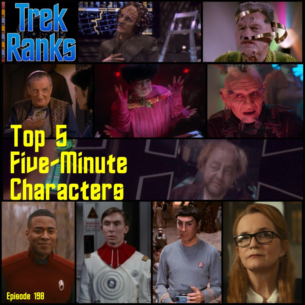 Images from episodes of Star Trek featuring a myriad of "Top 5 Five-Minute Characters" (including a Flaxian assassin from DS9's "Improbable Cause" in the top row center, Amarie the piano player from "Unification II" second row center, and Peter Preston from "Star Trek II: The Wrath of Khan" and Commander Sonak from "Star Trek: The Motion Picture" in bottom row center). As always, remember that the episodes reflected in the collage here include some choices that were featured in this episode of TrekRanks, some choices that were maybe mentioned in our "Secondary Systems" portion of the show, and some choices that weren't mentioned at all. 