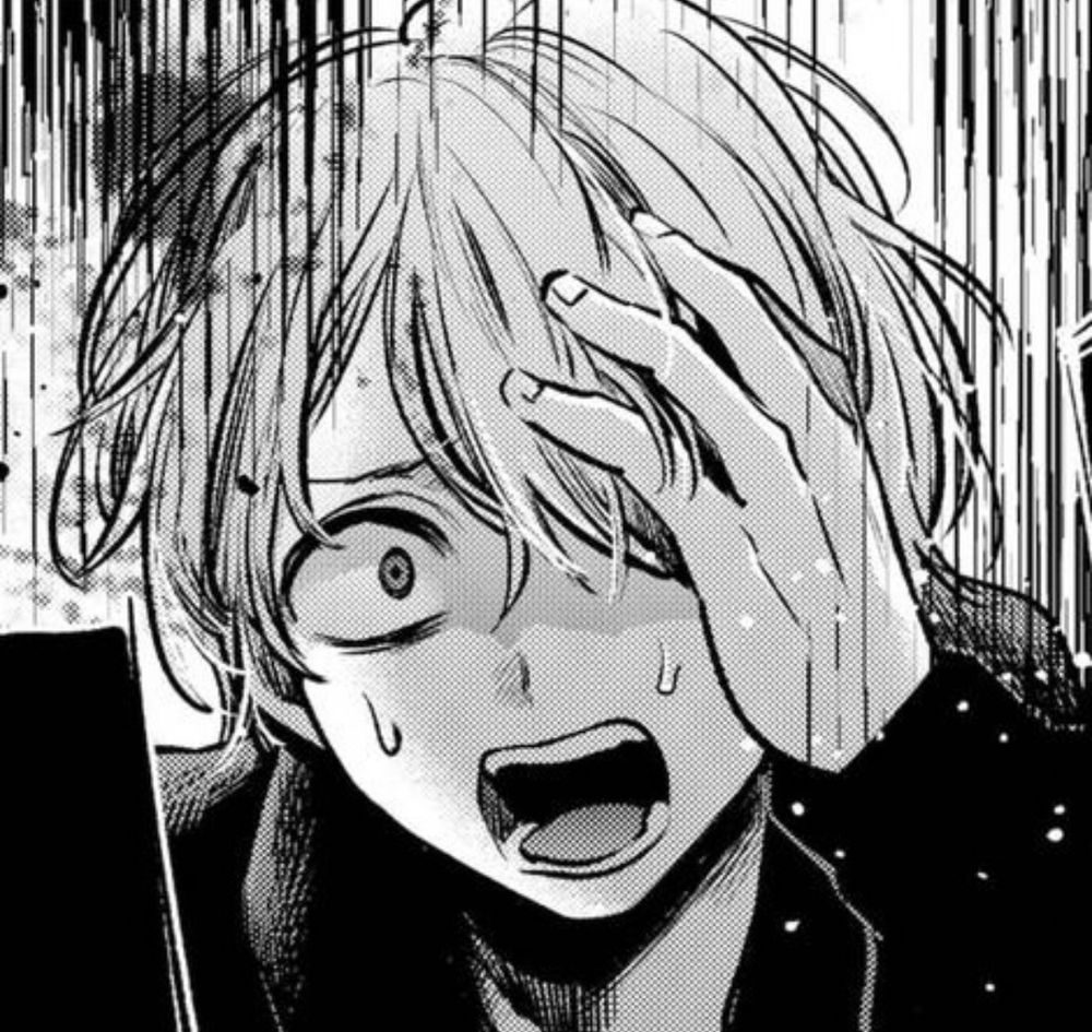 An Oshi No Ko manga panel of Aqua(marine) Hoshino looking distraught with a shrunken pupil while a hand is brought up to his face, covering his left eye. Stress lines skew down from the top of the panel to further emphasize his feelings.