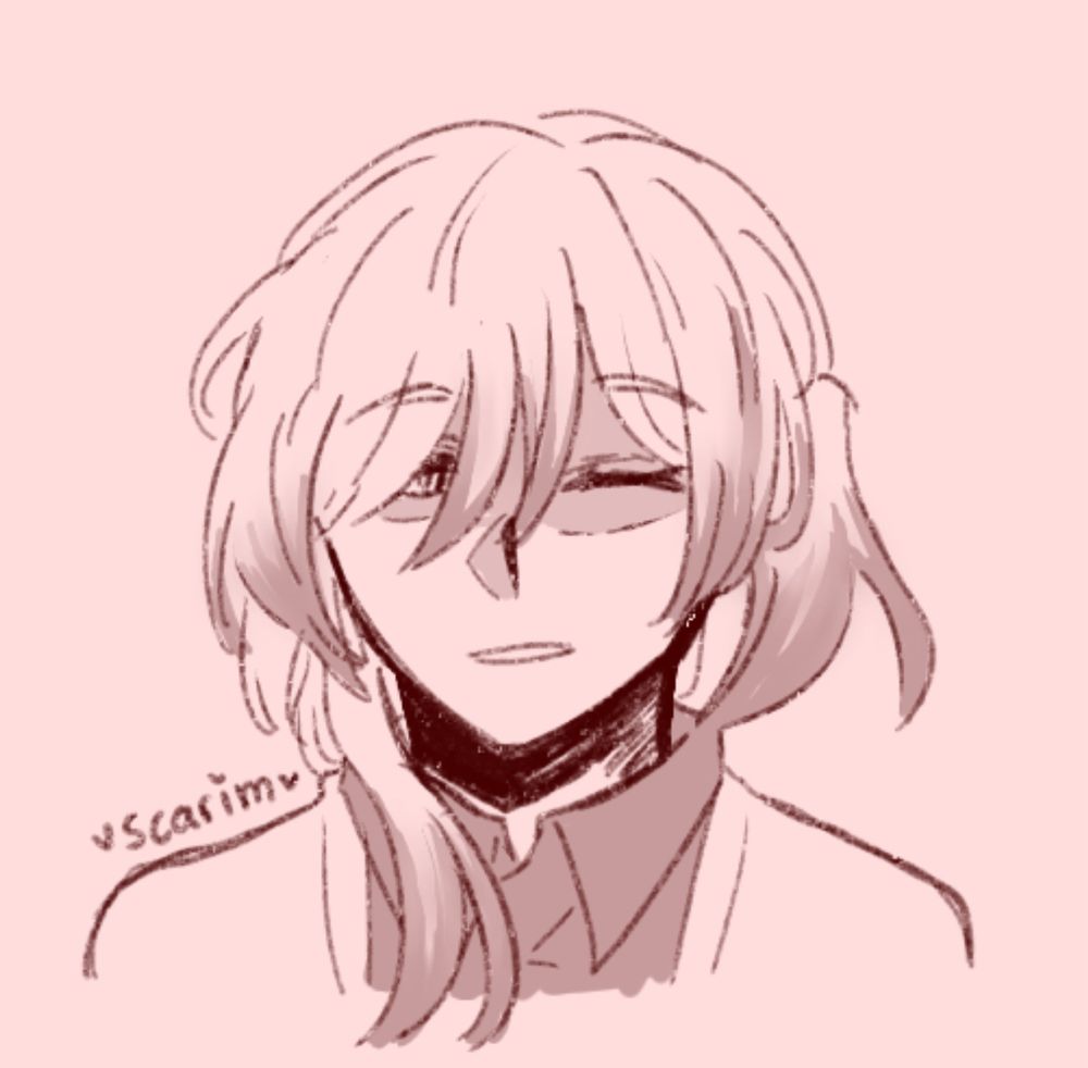 A person with somewhat long side and front bangs that overshadow their eyes--one eye is closed while the other on the right is partially open. She has a somewhat grim expression. On one side of her head, some hair is tied up into a ponytail--the rest of her long hair spills over her right shoulder, atop a white cardigan over a dark collar dress shirt.