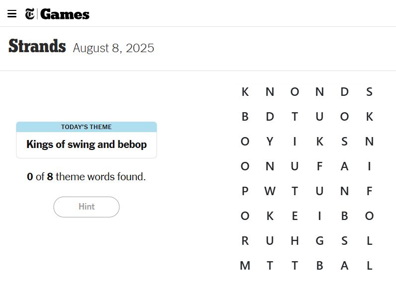 Today's NYT Strands game today was called Kings of Swing and Bebop. 