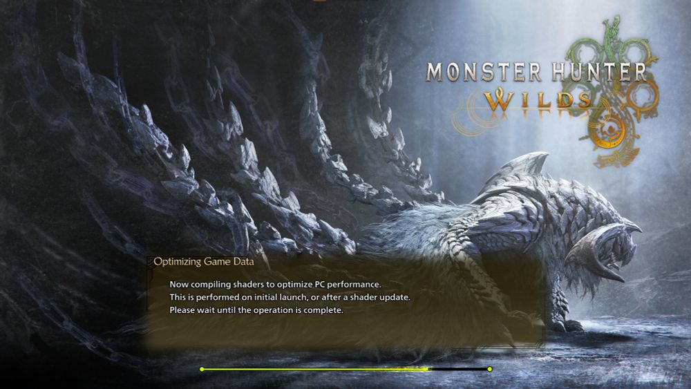 The Monster Hunter Wilds compiling shaders screen