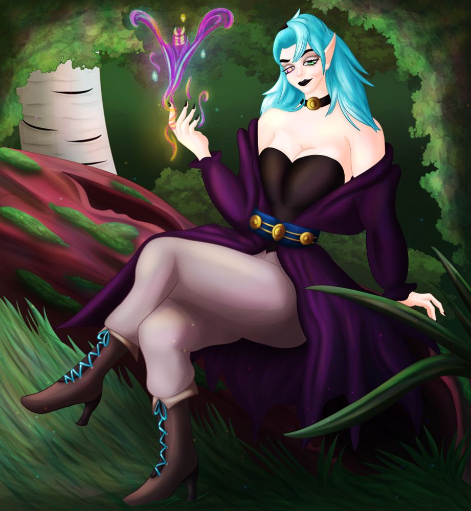 A lady with blue hair, strange looking eyes and sharp ears sits on a log, looking at you with confidence. In her hand a magical being seem to wrap itself around her finger.