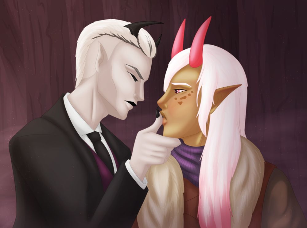 A demon holds the chin of a horned being, they seem to hold eachothers gaze.