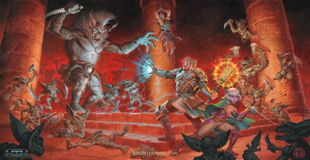 Illustration of a hoard of goblins, led by a massive hairy bugbear wielding a serrated blade, swarm towards the heroes. One hero is a human man with blonde hair and shining armour, blue magic blasts from one hand, while the other hand holds a glowing mace. The other hero s a female elf with a flowing cape and a sword made for swashbuckling. In the background is a villager tied up and watching on helplessly.