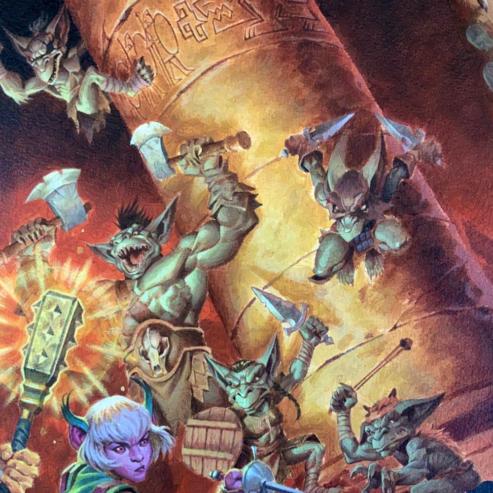 Detail of the horde of goblins in the painting for The Delian Tomb cover. They bear arms and are rushing towards the heroes from all sides.