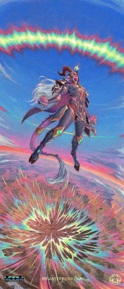 A painting of a woman suspended in the air unleashing a powerful psionic blast that wreaks havoc on the terrain bellow.
The woman has a pink skin, horns and tail - a sign of Devil ancestry. She has white hair blowing in the wind and an intricate armor with some pieces floating near her body.