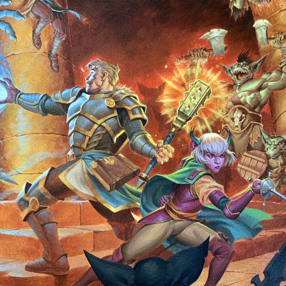 Detail of the heroes in the painting for The Delian Tomb cover. One hero is a human man with blonde hair and shining armour, blue magic blasts from one hand, while the other hand holds a glowing mace. The other hero s a female elf with a flowing cape and a sword made for swashbuckling. 