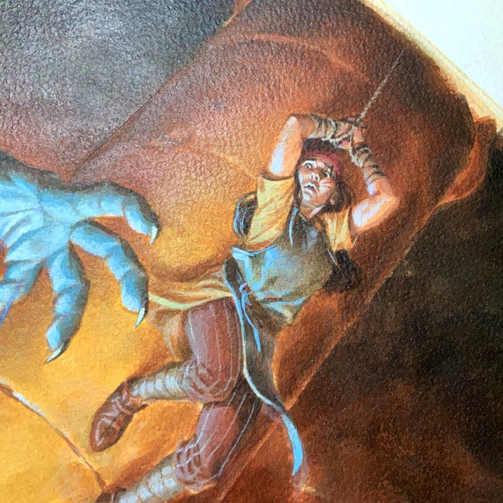 Detail of the villager tied up and watching on helplessly in the painting for The Delian Tomb cover.
