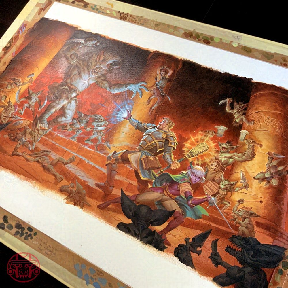 Photo of a painting of a hoard of goblins, led by a massive hairy bugbear wielding a serrated blade, swarm towards the heroes. One hero is a human man with blonde hair and shining armour, blue magic blasts from one hand, while the other hand holds a glowing mace. The other hero s a female elf with a flowing cape and a sword made for swashbuckling. In the background is a villager tied up and watching on helplessly.