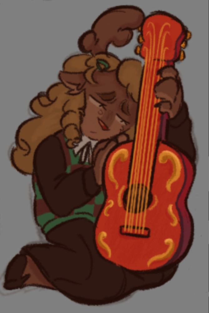 A drawing of Noelle Holiday cradling a red guitar, gazing at it with a sad expression and tears in her eyes.