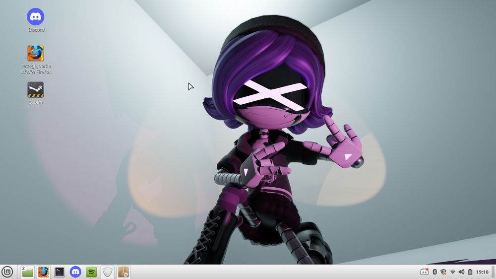 A full-screenshot of a linux mint desktop with a wallpaper of Uzi from Murder Drones, on the left 3 icons: discord, firefox and steam with spotify being included on the bottom task bar