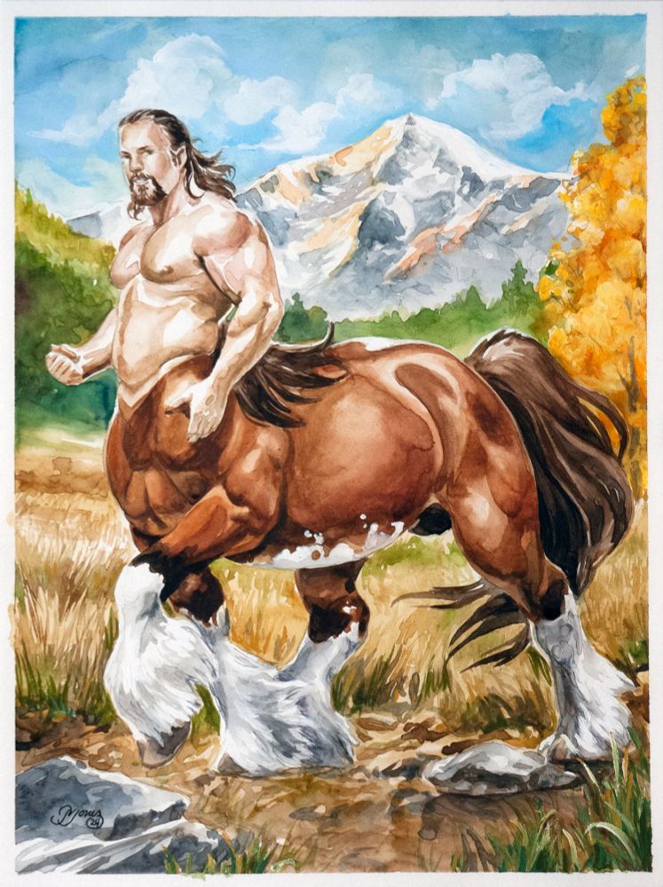 A watercolor of a Clydesdale centaur trotting in a meadow with a mountain in the background