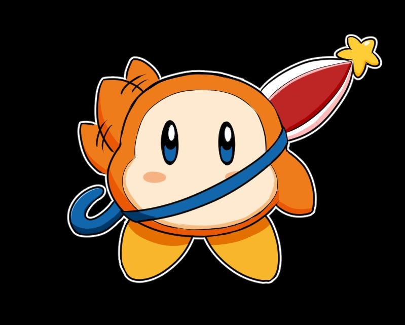 Waddle dee with a closed parasol slung over the shoulder and waving at the camera.