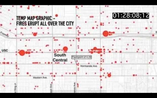 Example map from (1992) LA Riots depicting fires in S Central area.