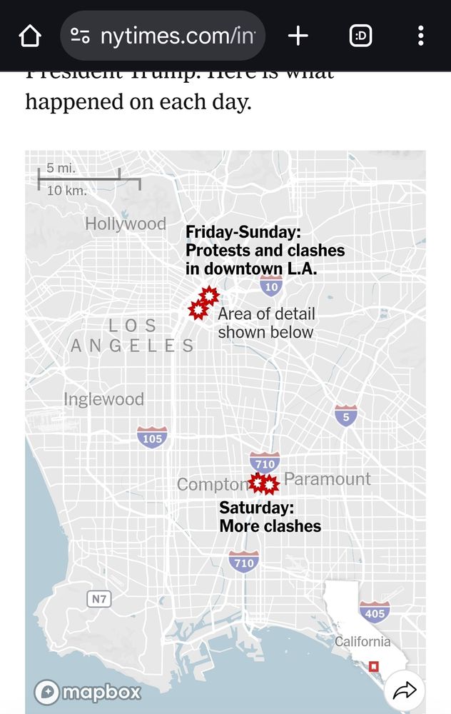 Map from NYTimes.com article depicting areas involved with protest events 06/07-09/2025.