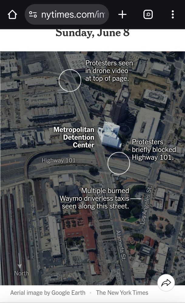 Aerial image inset map of DTLA area from NYTimes.com article depicting areas involved with protest events 06/09/2025.
