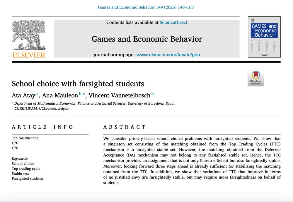 Abstract of the paper "School choice with farsighted students" published in Games and Economic Behavior.